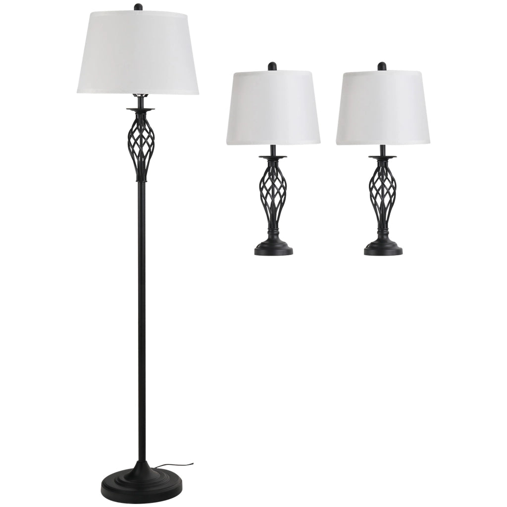 EasyComfort Set 3 Pezzi: 1 Lampada da Terra e 2 Lampade da Tavolo in Metallo, Design Vintage, Lampadine E27, Nero e Bianco