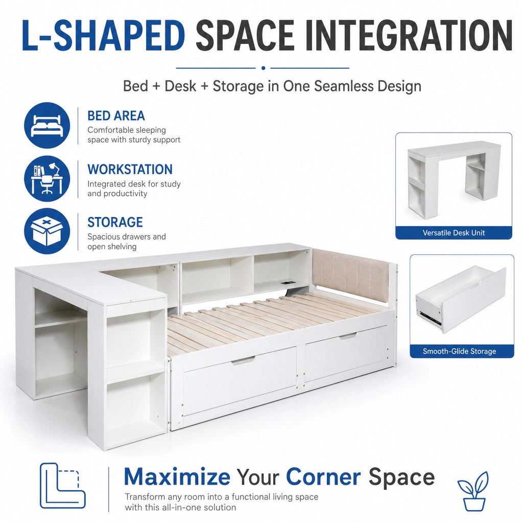 Letto allungabile con scrivania e cassetti in legno ingegnerizzato 90x200 cm