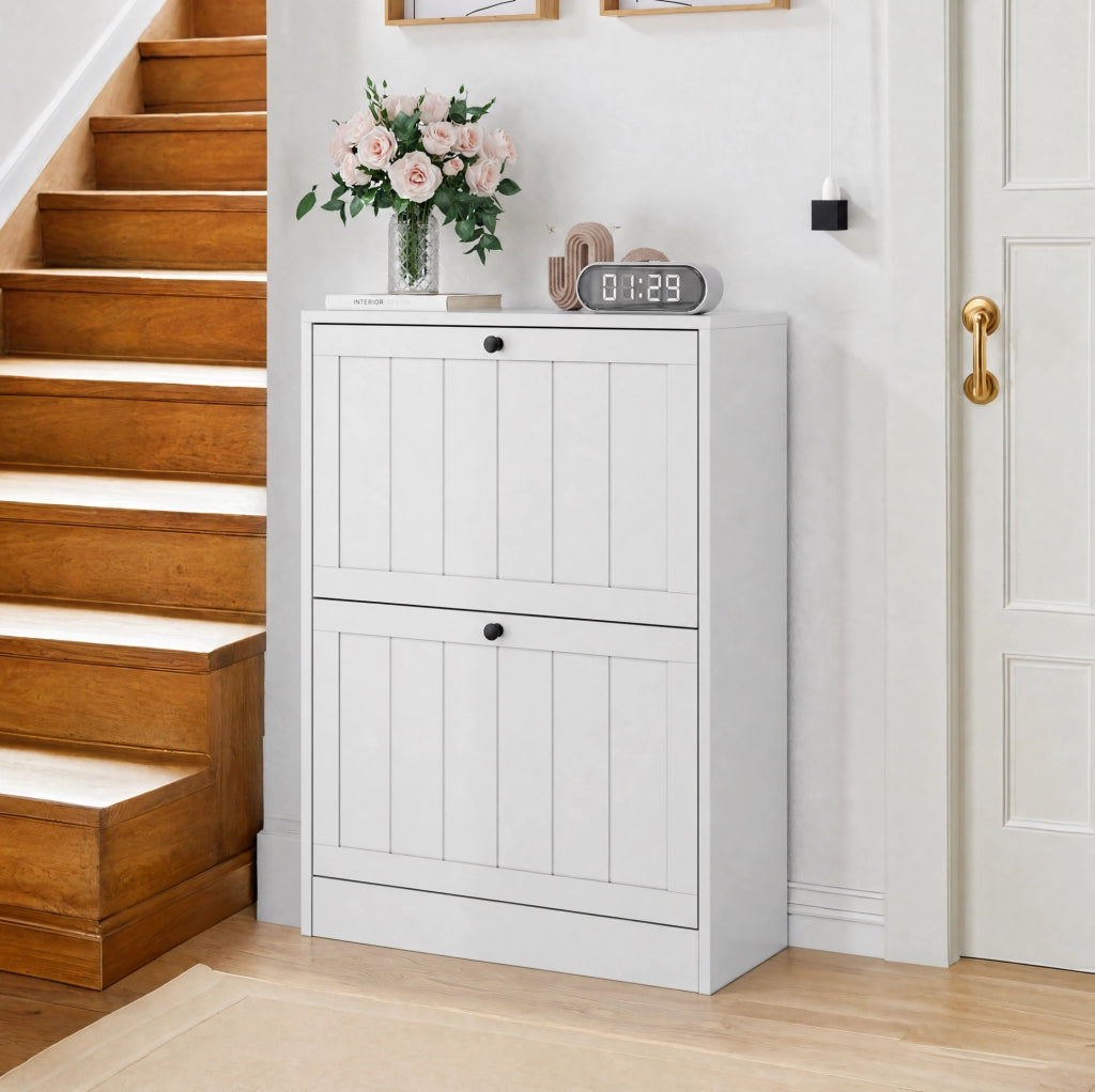 Scarpiera freestanding con 2 cassetti a ribalta; MDF e truciolare bianco