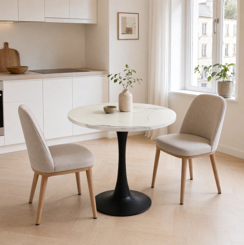 Tavolo rotondo Ø 80 cm effetto marmo bianco con base nera