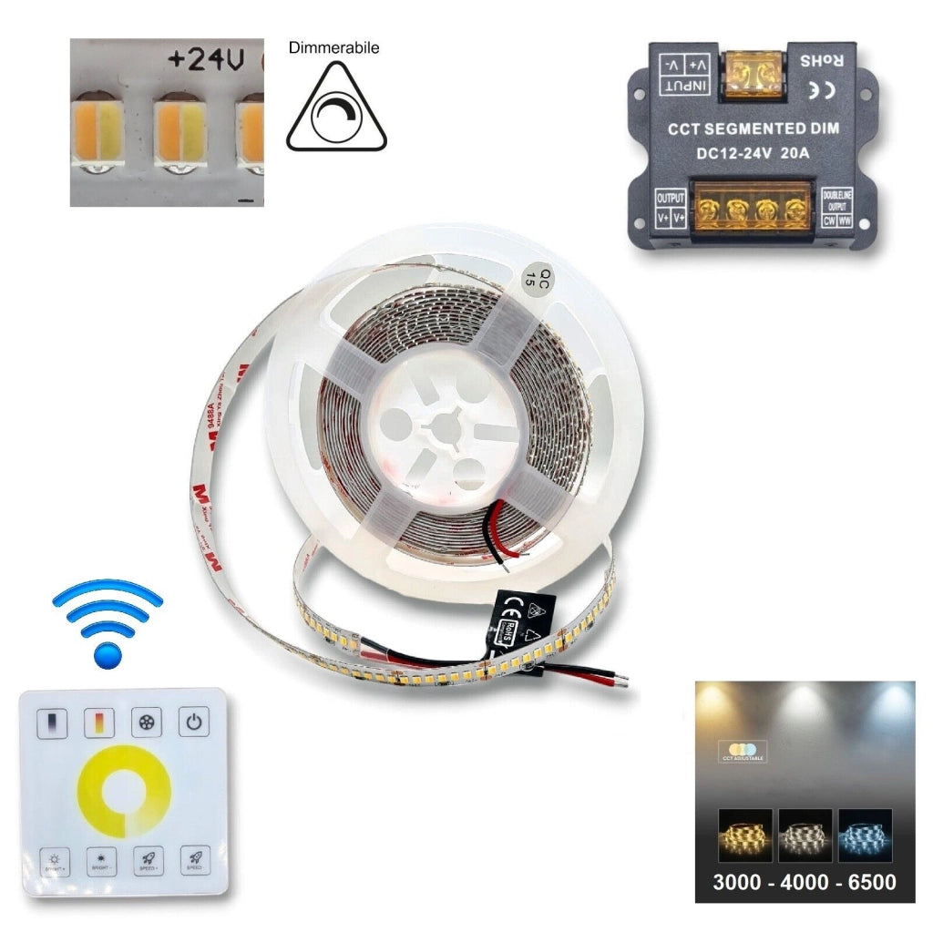 STRISCIA LED CCT 24V 15W\MT CAMBIA 3 TONALITA LUCE BIANCA 3000 4000 6500 238 LED\MT CON TELECOMANDO DIMMERABILE