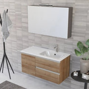 Mobile bagno sospeso 100 cm rovere miele con cassetti e anta completo di lavabo a destra e specchio Master