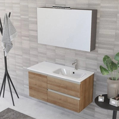 Mobile bagno sospeso 100 cm rovere miele con cassetti e anta completo di lavabo a destra e specchio Master