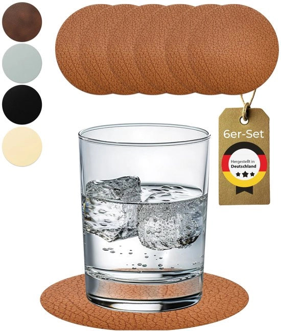 Set di supporti per vasi in pelle di bue - Ronde supporti per vasi in vetro - Antiscivolo e lavabile - Protezione per tavolo perfetta - Pelle di bue - Fatto in Germania - 6 pezzi