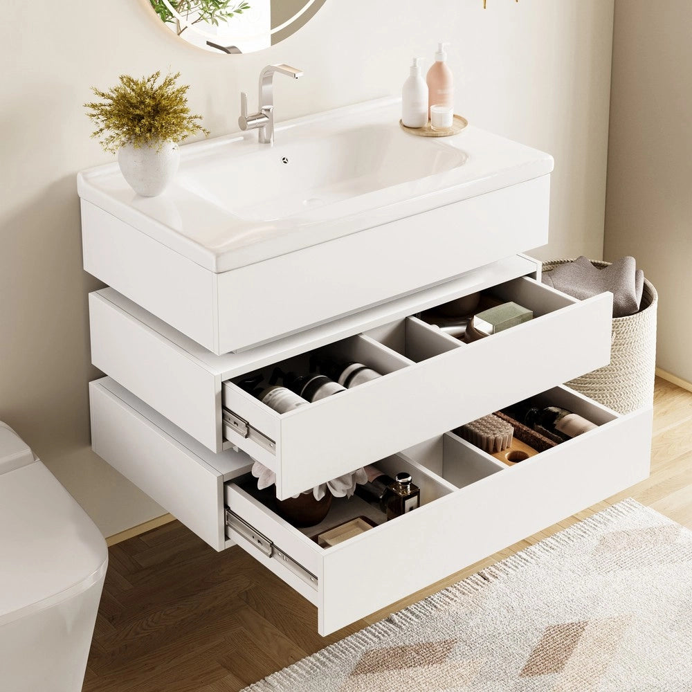 Mobile Bagno Sospeso con LED e Lavabo in Ceramica ¨C Xylo ¨C Bianco, Cassetti Soft-Close