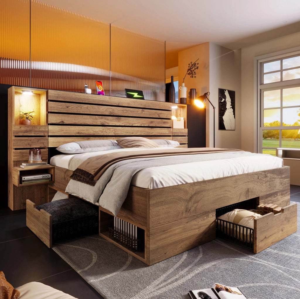Letto matrimoniale 180x200 cm con LED; porte USB e Type-C; contenitore; effetto rovere