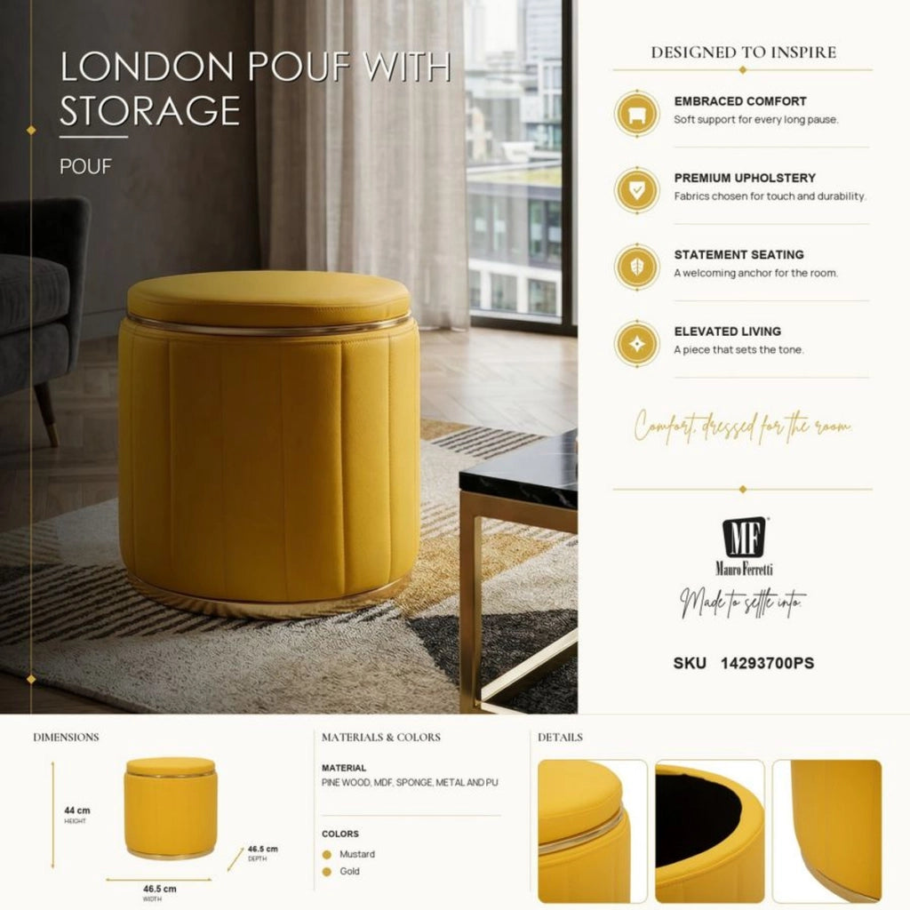 Pouf contenitore London in ecopelle senape e base in metallo oro