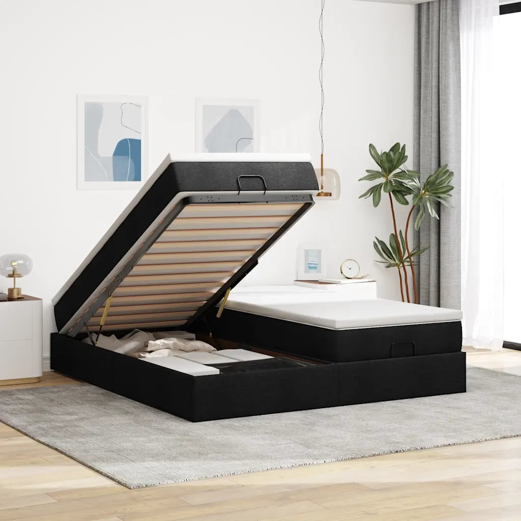 Struttura Letto Pouf con Materassi Nero 200x200 cm in Tessuto