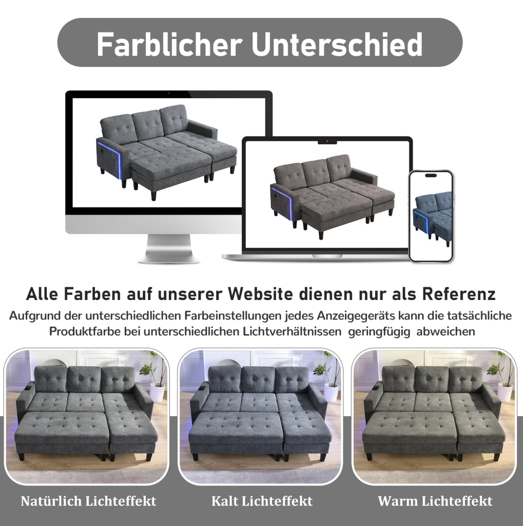Divano letto a L 3 posti in ciniglia grigio antico con pouf mobile; LED e USB
