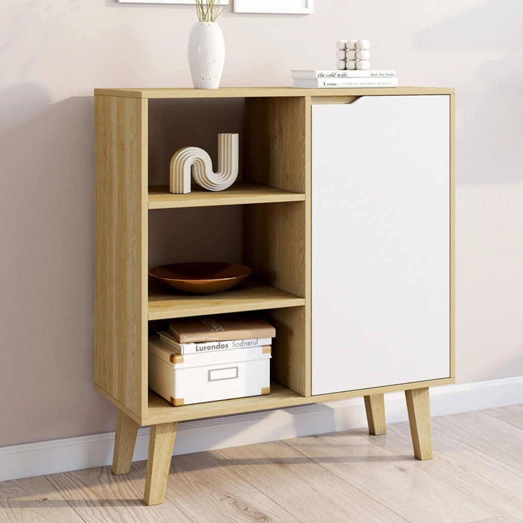 IDMarket - Credenza con 3 ripiani e armadio 70 cm FINN bianco e legno effetto faggio