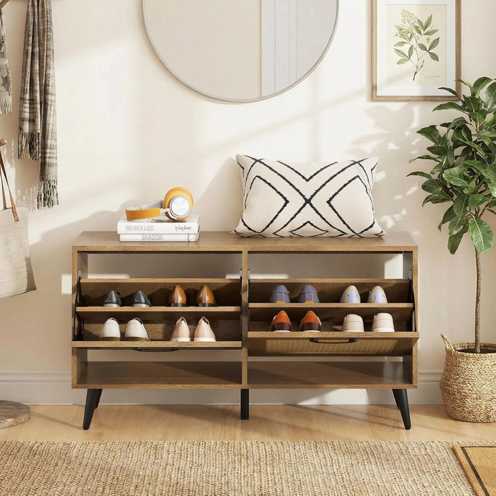 Scarpiera Salvaspazio a 2 Ante a Ribalta, Mobile Chiuso Portascarpe in Legno, con Ripiano Regolabile, per Ingresso Salotto e Corridoio, 100 x 30 x 53 cm, Marrone