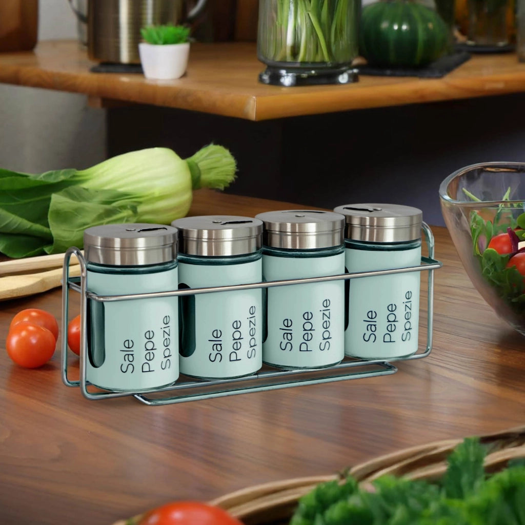 Set 4 Contenitori In Vetro Cucina Portaspezie 90 Ml Con Espositore In Metallo Barattoli Moderni Sale Pepe Rotondi Tappo Girevole Acciaio Per Regolazione Con Moderne Scritte Certificati Contatto Alimentare Salvia