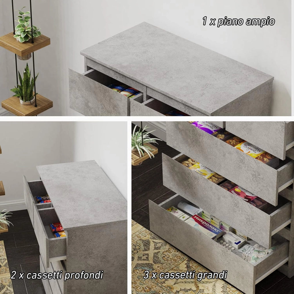 Mobili Cassettiera con 5 Cassetti, Armadietto per Camera da Letto e Bagno, Multifunzione, in Legno (Grigio)