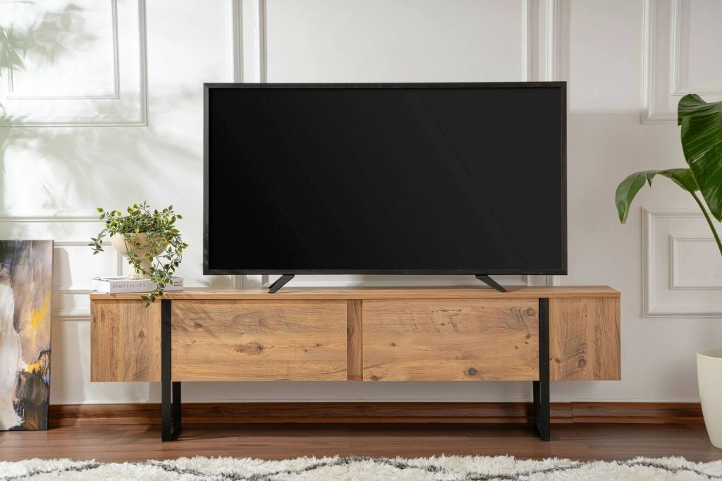Mobile porta TV Lilith, Credenza da soggiorno, Armadio basso per TV, Base parete attrezzata, 180x30 h50 cm, Pino e Nero