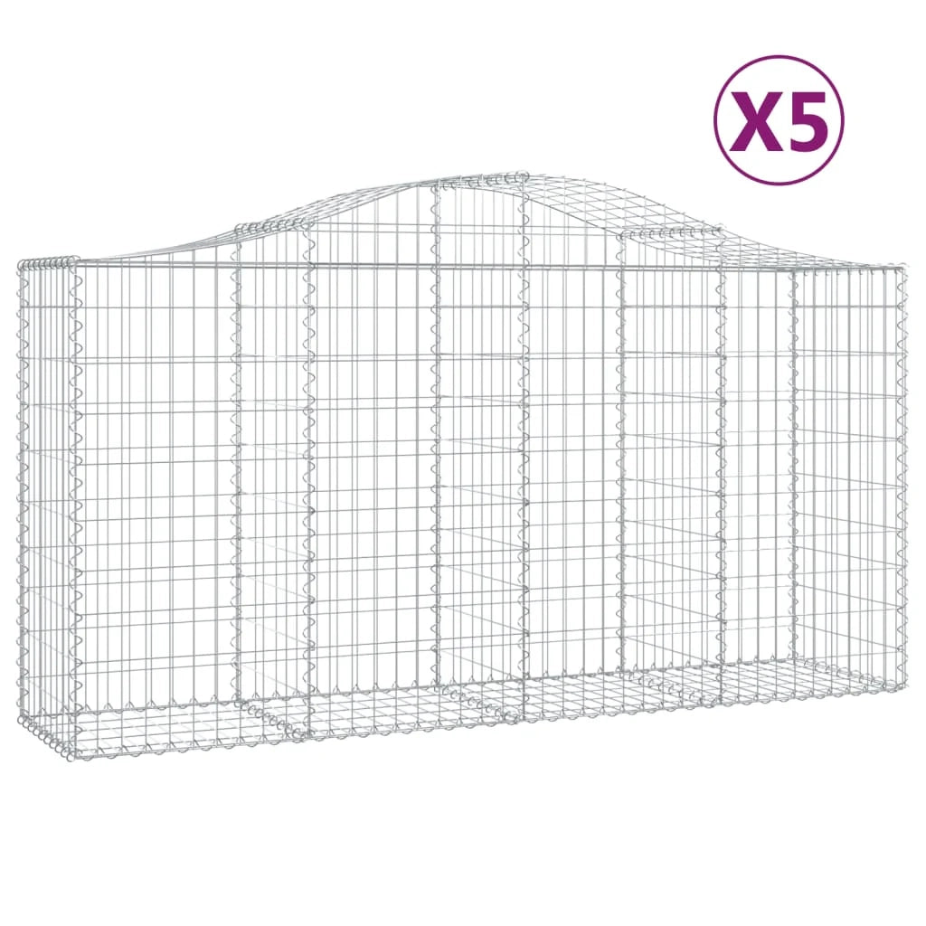 Cestini gabbioni recinzione a gabbia muro di contenimento ad arco 5 pezzi 200 x 50 x 100/120 cm ferro zincato argento 02_0040884