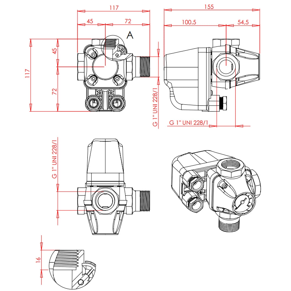 Pressostato per autoclave con manometro pm/5 3 watt raccordi integrati