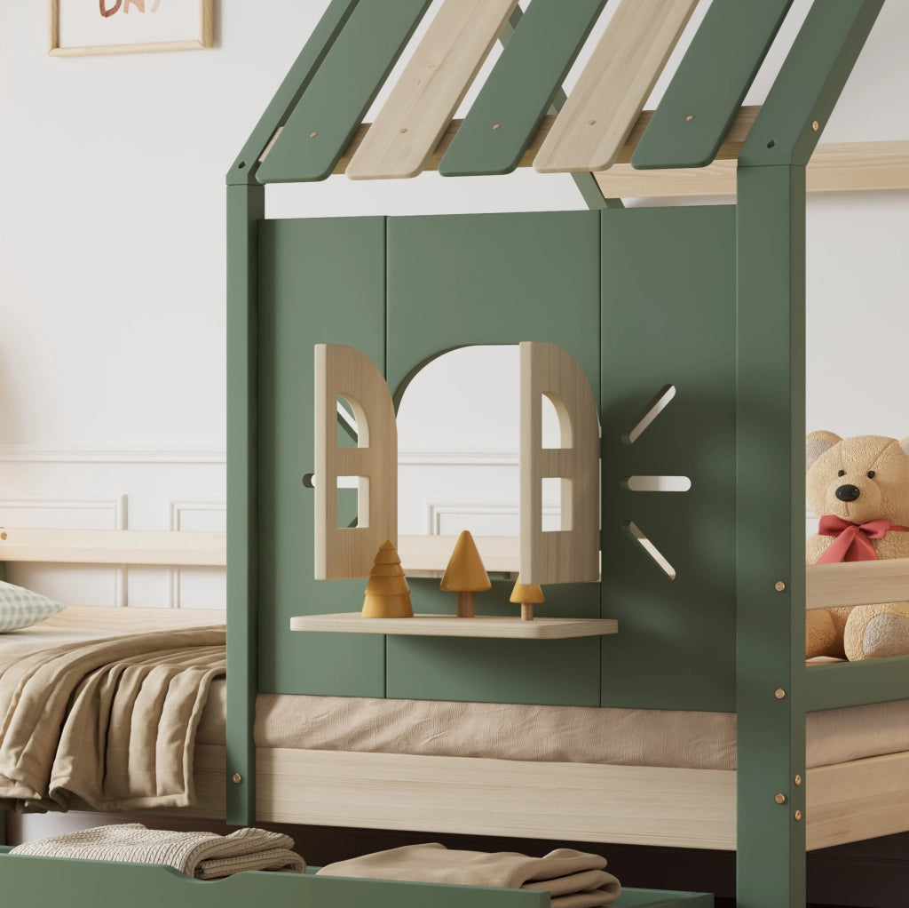 Letto per bambini a casetta con 2 cassetti e recinto 90x200 cm verde e naturale