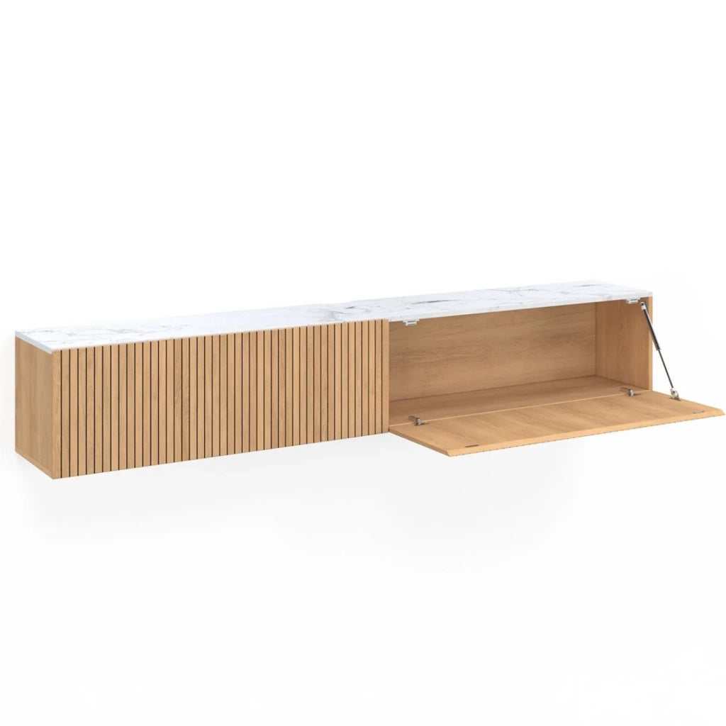 IDMarket - Mobile TV sospeso JULIETTE 180 cm con piano effetto marmo e doghe in legno color rovere