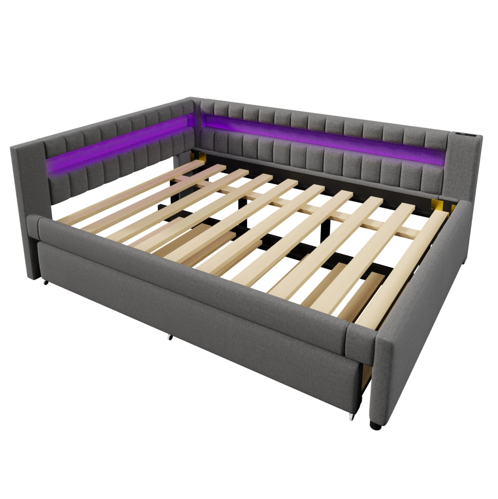 Daybed 140x200 cm grigio in lino con letto estraibile, LED, USB e Type-C