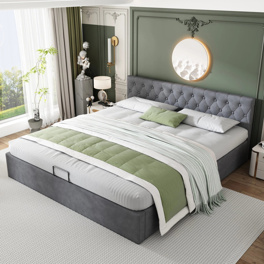 Letto imbottito in velluto con contenitore idraulico; per materasso 180x200 cm; grigio