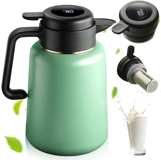 Thermoskan 1,8 litri con zeef per tè, termos con isolamento in acciaio inossidabile e display di temperatura - ideale per caffè e tè (verde chiaro)