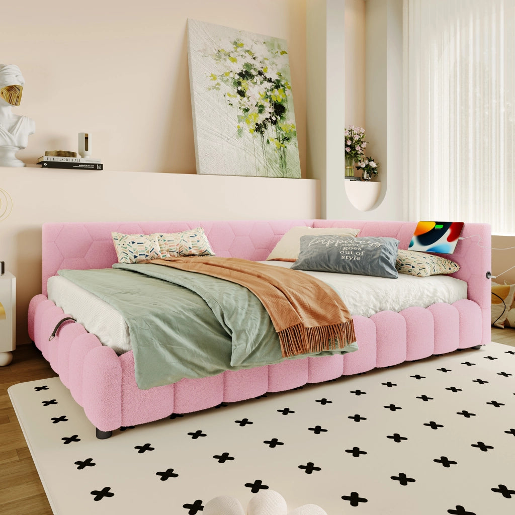 DESMIU Letto a giorno 140 × 200 cm 2 posti con contenitore idraulico, USB, Type-C e LED, senza materasso, rosa