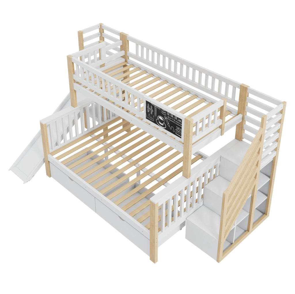 Letto a soppalco a casetta per bambini 140x200 cm con scivolo; lavagna e vani contenitore; bianco naturale