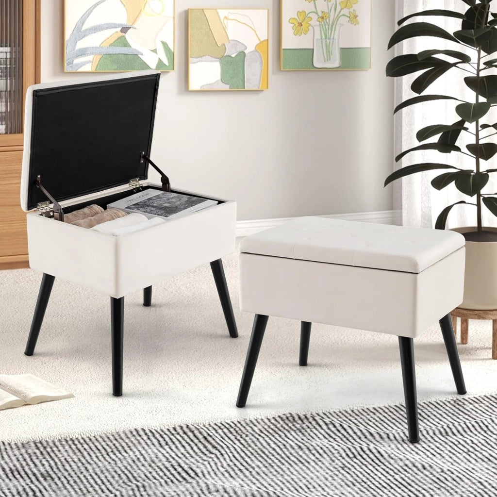 Sgabello in Velluto con Contenitore, Poggiapiedi per Soggiorno con Gambe in Legno Massello, Coperchio Ribaltabile, Sgabello per Cambiare Scarpe all’Ingresso (Beige)