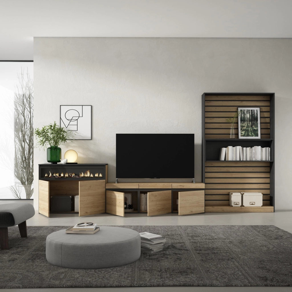 Mobile TV, Soggiorno, 360x35x186cm, Per TV fino a 65", Camino elettrico, colore Rovere e nero RF3164