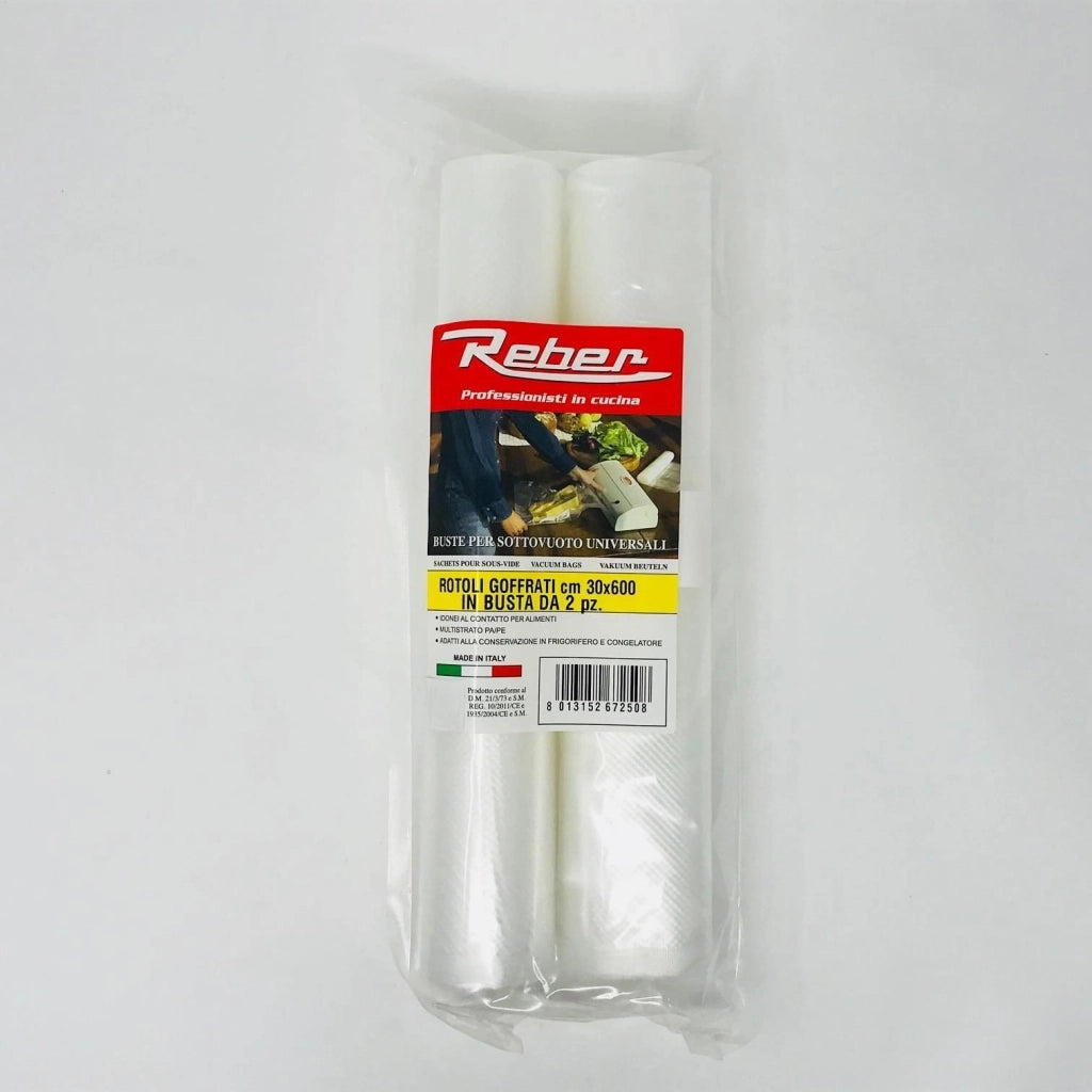Reber 6725A Rotoli Goffrati per Sottovuoto 30x600 cm Confezione da 2 Pezzi PA-PE-PE 105 micron Compatibile con Tutte le Macchine colore Trasparente