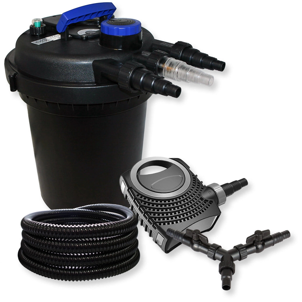 Set Filtro a pressione 10000l 11W Chiarificatore laghetto UVC NEO10000 Pompa 80W Tubo 25m