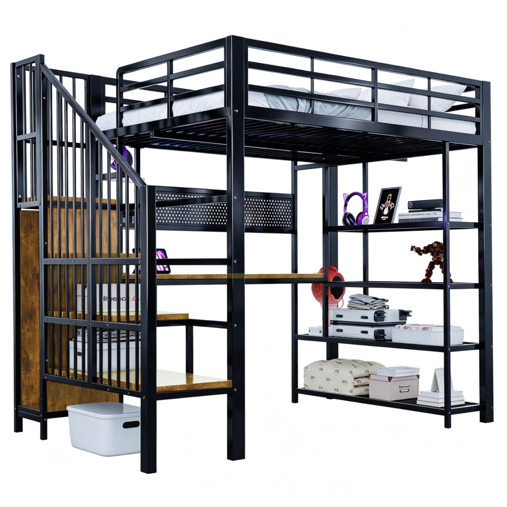 Letto a soppalco multifunzione 140 x 200 cm in metallo e legno; nero; con scala contenitore; LED e prese