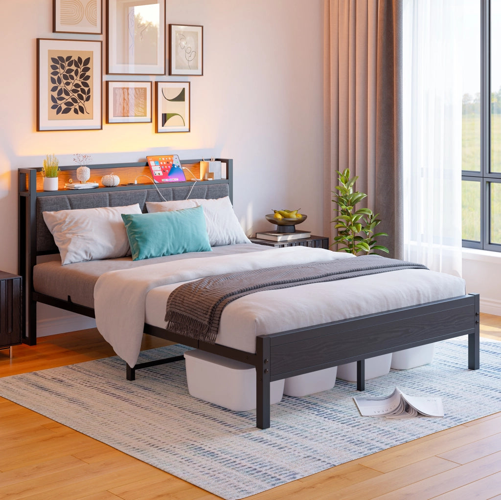 LETTO 140x200 cm in metallo e MDF nero con testiera contenitore e USB