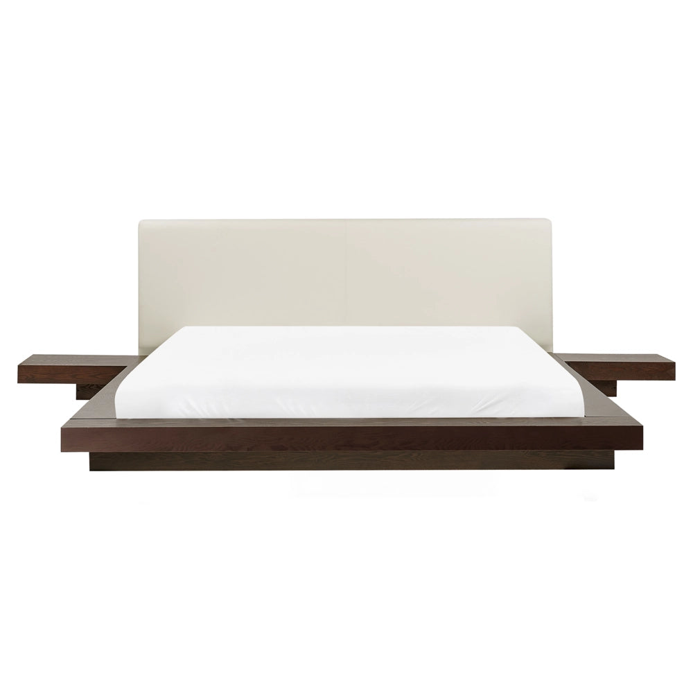 Letto in stile giapponese in frassino scuro 160 x 200 cm testata in MDF impiallacciata in legno testata in ecopelle camera da letto a basso profilo