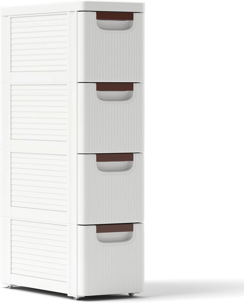 Mobiletto Stretto con Ruote, Carrello e Organizzatore Slim con 3/4/5/6 Cassetti per Spazi Piccoli, Cassettiera di Plastica per Soggiorno, Bagno, Cucina, Bianco (42 x 19 x 74 cm)