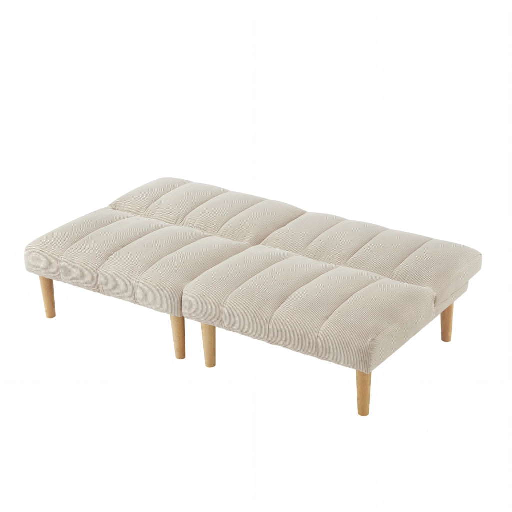 Divano letto 2 posti con schienale reclinabile a 3 posizioni e gambe in legno, in velluto a coste, Beige