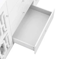 Credenza Specchiata con Maniglie a Cristallo,2 ante con ripiani mobili interni e 4 cassetti centrali,Bianco