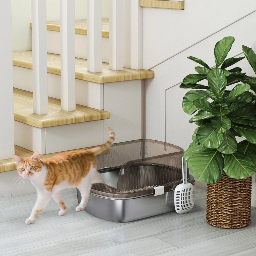 Lettiera Chiusa per Gatti ¨C Xylo ¨C Vassoio Acciaio Inox Bordi Alti con Paletta Grigio