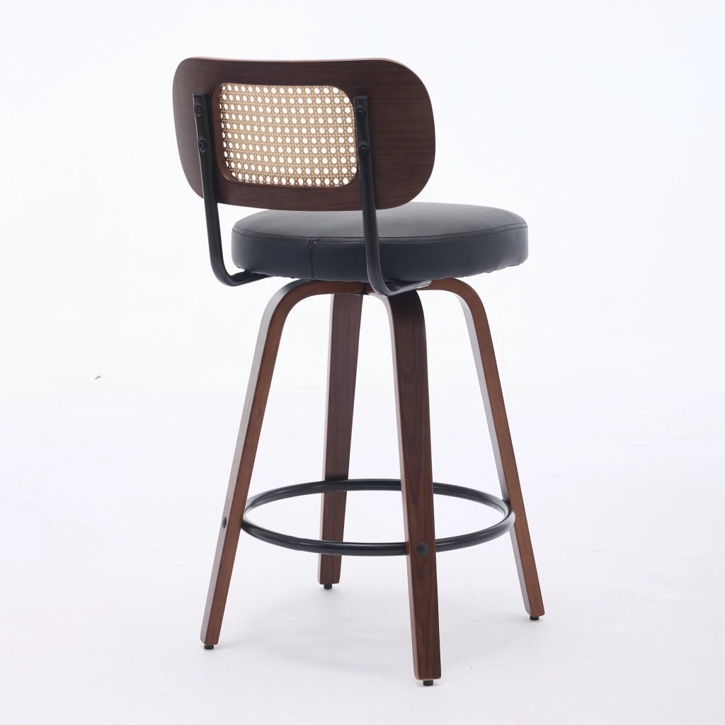 Set 2 Sgabelli da Bar ¨C MINIMAL ¨C Rattan, Seduta Imbottita, Girevoli, Noce/Nero, 66 cm