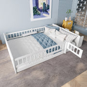 DESMIU Letto Bambino 140 × 190 cm 2 Posti con Vani Aperti, Ripiani e Sponda Apribile, Senza Materasso