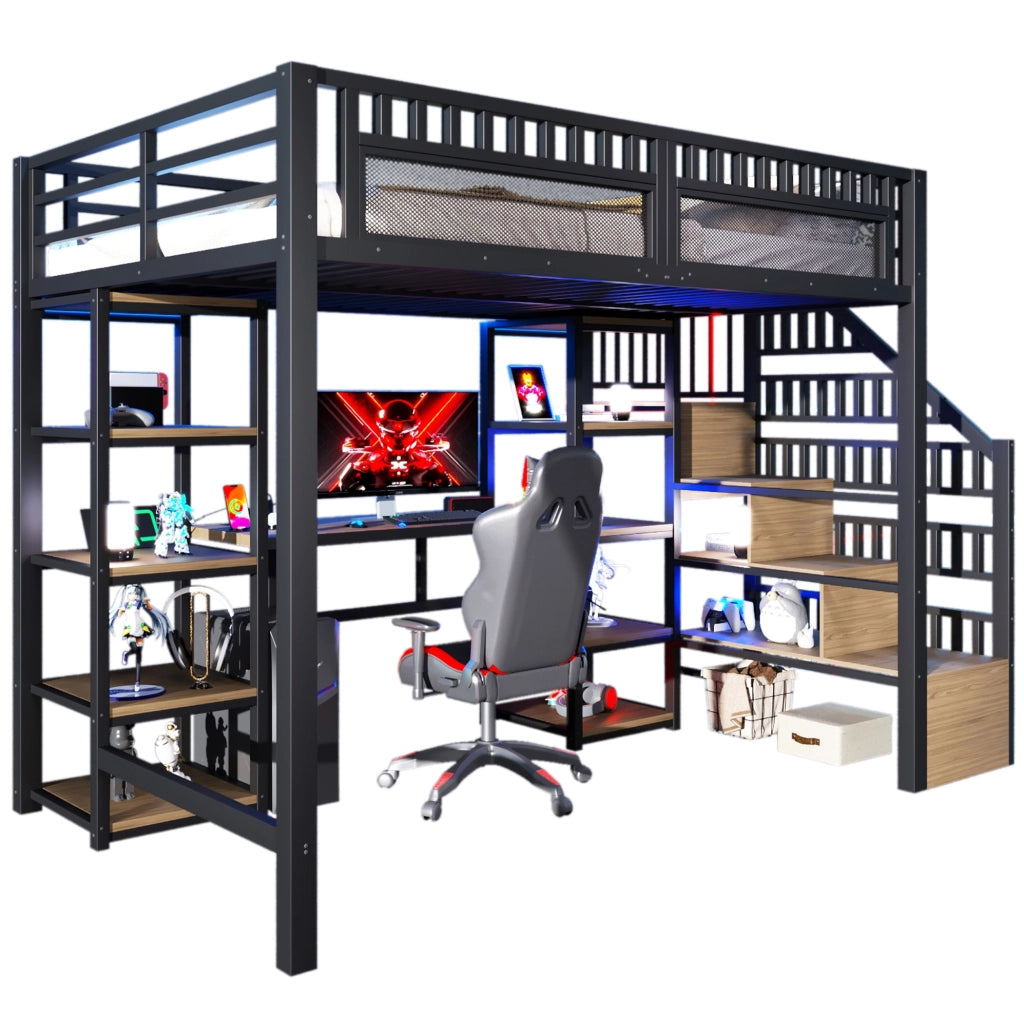 Letto a soppalco 140x200 cm con scrivania; scala contenitore; LED e USB; metallo e MDF nero
