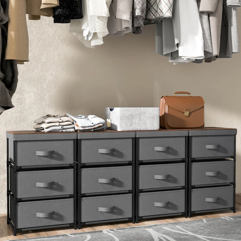 Comodino in tessuto con 3 cassetti e struttura robusta in metallo, Cassettiera a 3 livelli salvaspazio 2 pezzi Grigio-Comodini