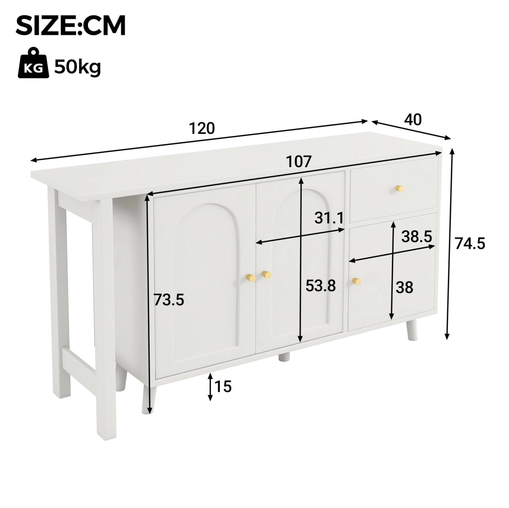 Scrivania 2 in 1 girevole 360° con sideboard; 120x40x74;5 cm; bianco in truciolare