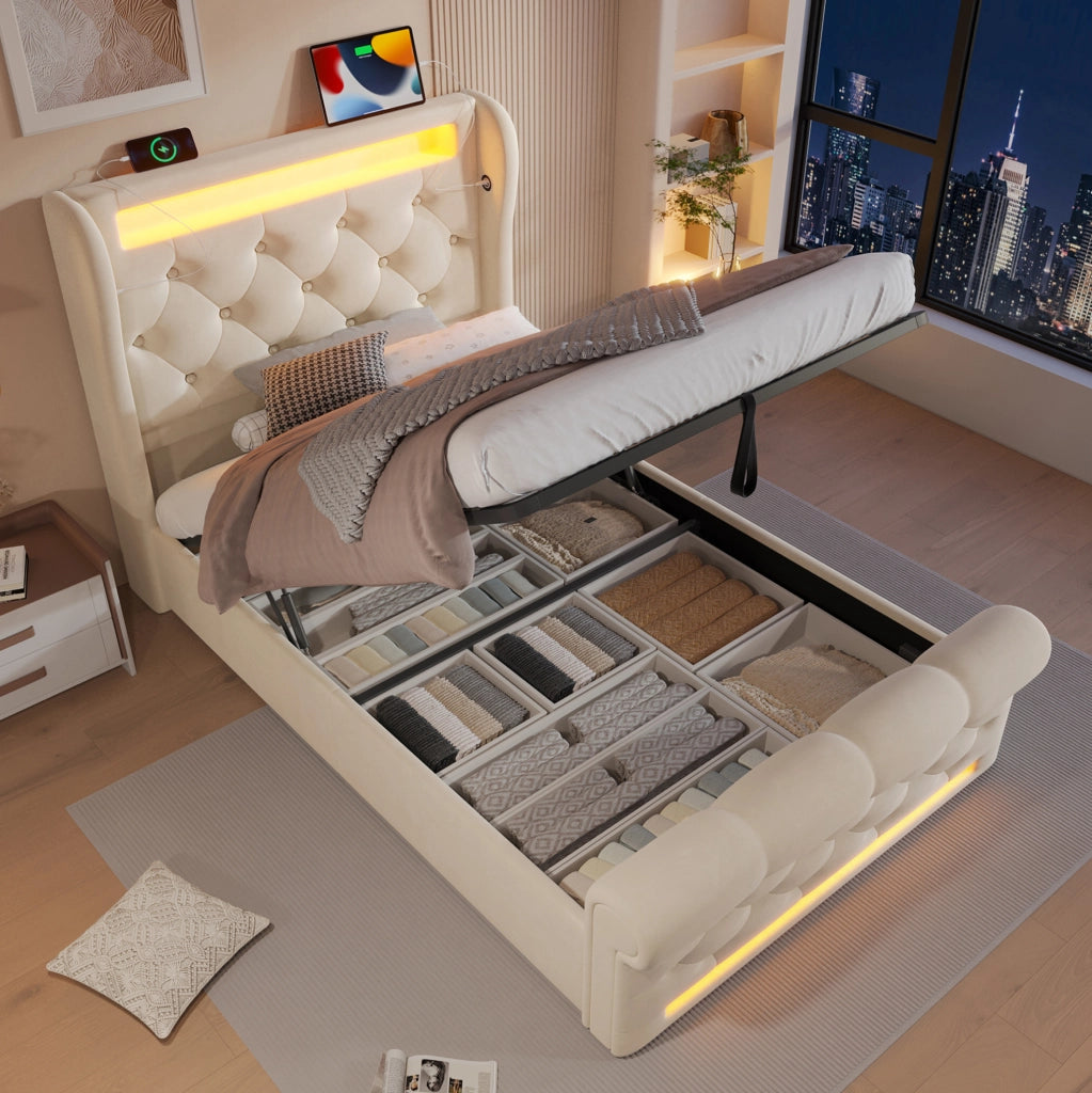 Letto singolo imbottito 90x200 cm in velluto beige con LED; ricarica USB e Type C; contenitore idraulico