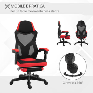 Sedia da Gaming Ergonomica e Reclinabile 58x63x112-122 cm in Tessuto a Rete Nero e Rosso