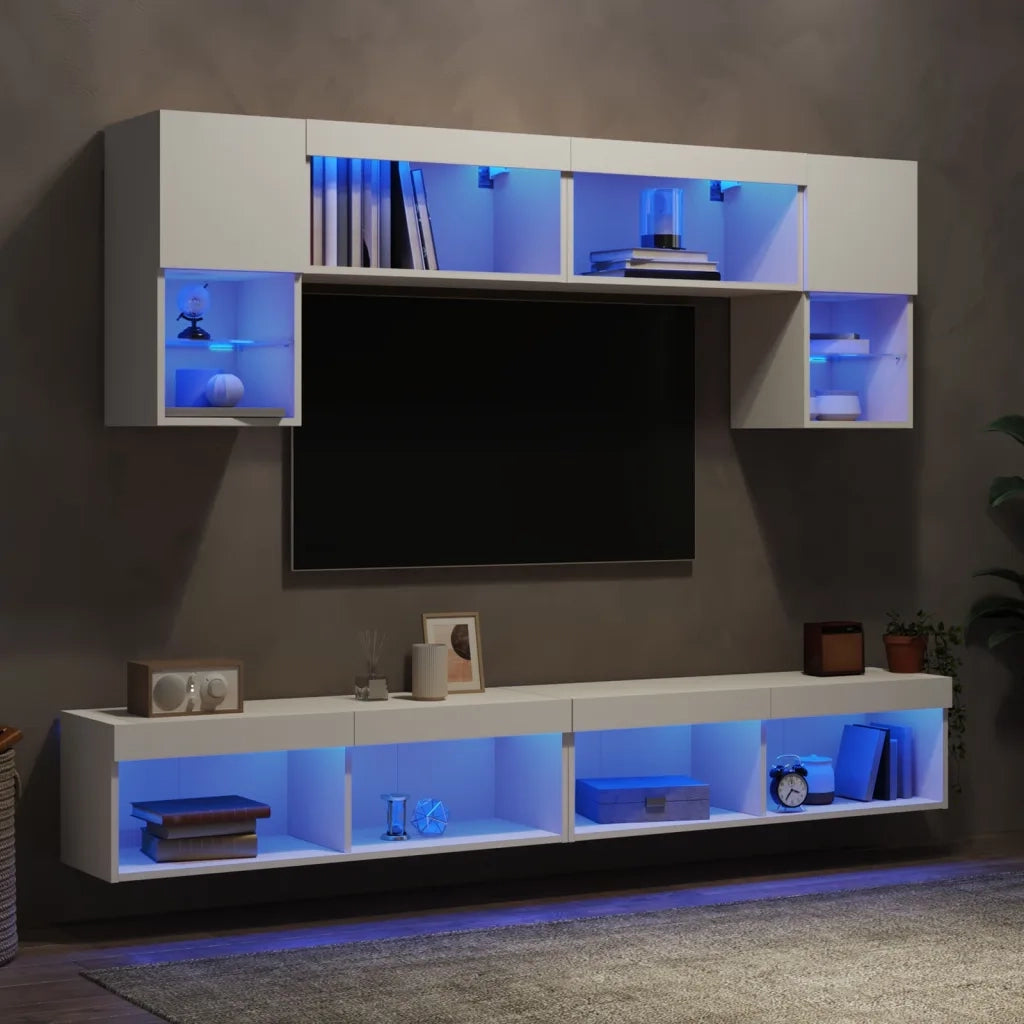 Mobili TV a Muro con LED 6pz Bianchi in Legno Multistrato