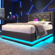 Letto singolo imbottito 90x200 cm in PU nero con contenitore idraulico, testiera con USB e Type-C, LED a 3 lati