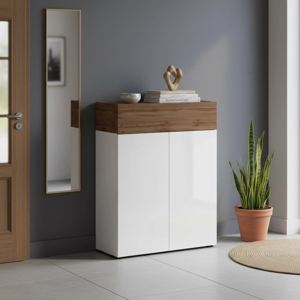 Scarpiera Nala, Porta scarpe salvaspazio a 3 ante, Armadio multifunzione da ingresso, 76x38h100 cm, Bianco e Rovere