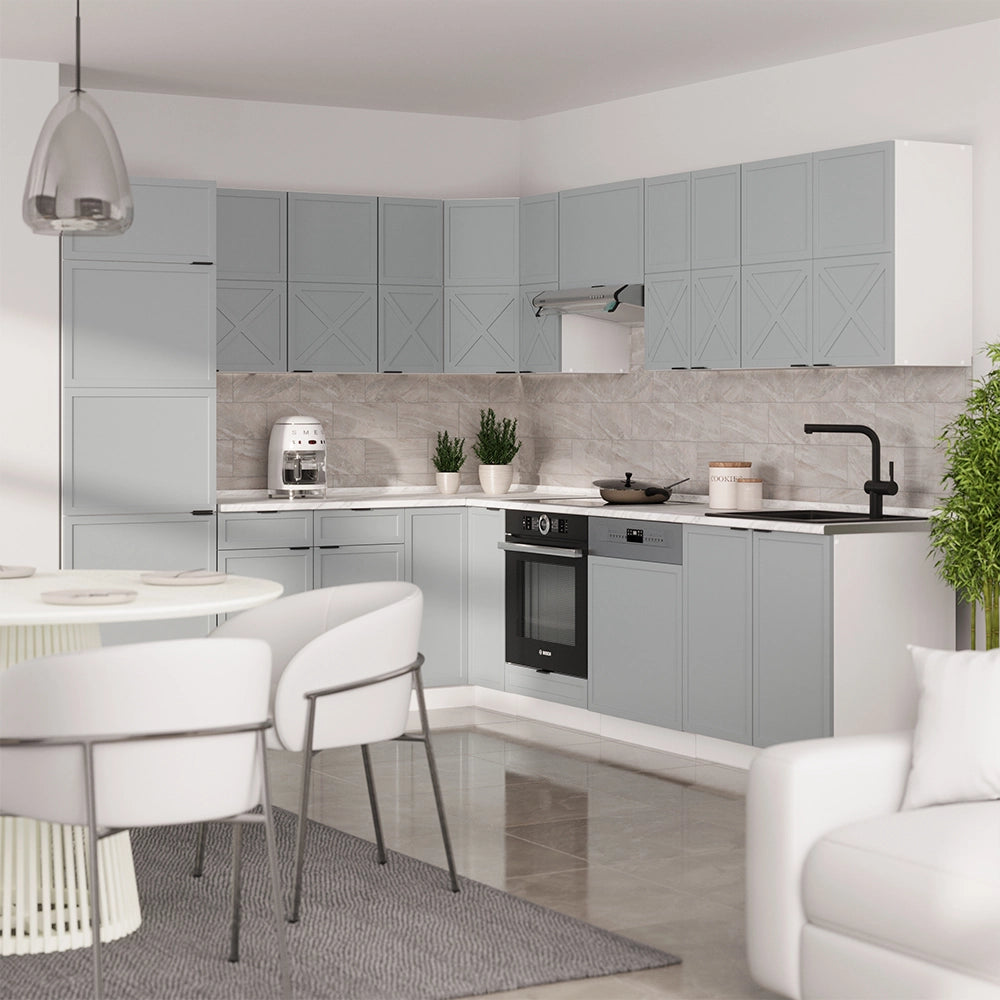 Cucina angolare completa Fame-Line Blu-grigio chiaro/Bianco 287 x 60 cm, PL Marmo Vicco