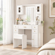Toeletta con specchio illuminato regolabile, prese integrate, 6 cassetti e 4 ante per ordine